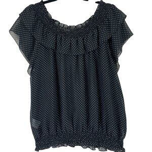 Chiffon Ruffle Top xl black& White Polka Dots Flutter neckline smocked hem